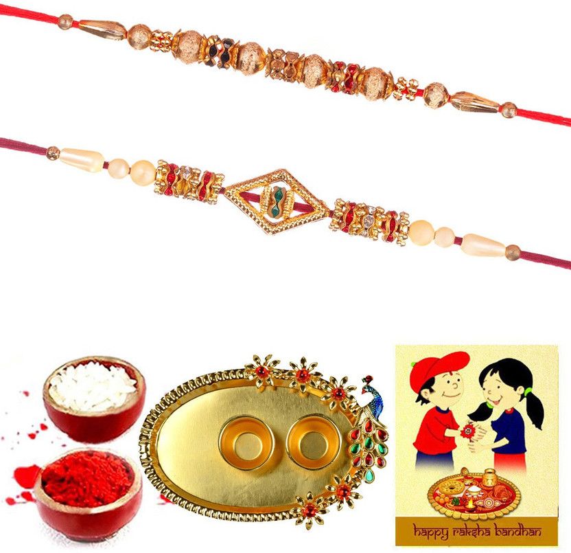 Rakhi, Thali, Chawal Roli Pack Set  (2 Rakhi, 1 Pooja Thali, 1 Best Wishes Greeting Card, 1 roli and 1 chawal pack)