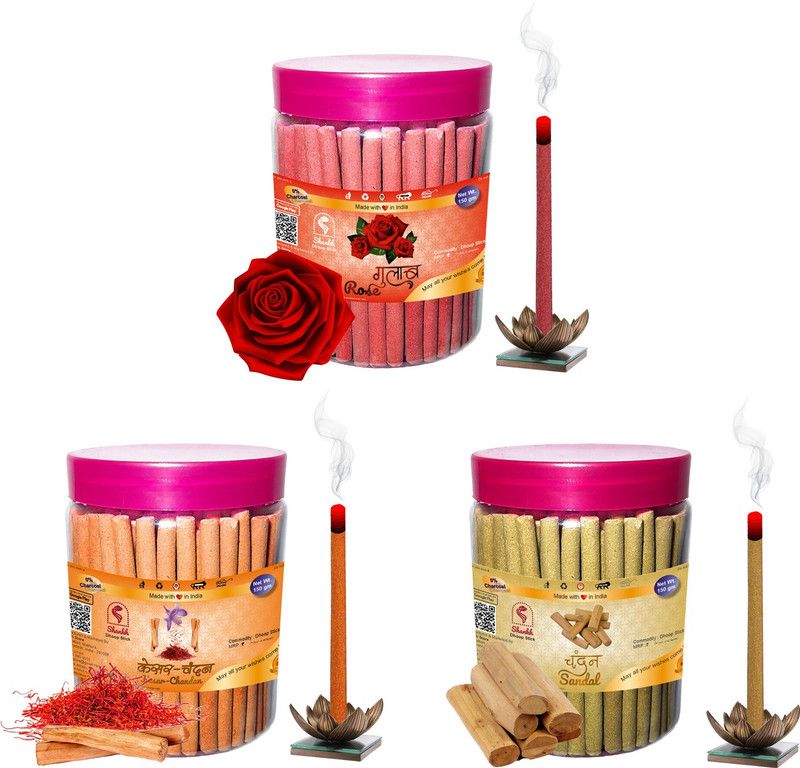 Shankh Rose, Kesar Chandan & Sandal (Chandan) Dhoop Stick Pack of 450 gram Fragrances Rose, Kesar Chandan, Sandal (Chandan)  (150, Set of 3)