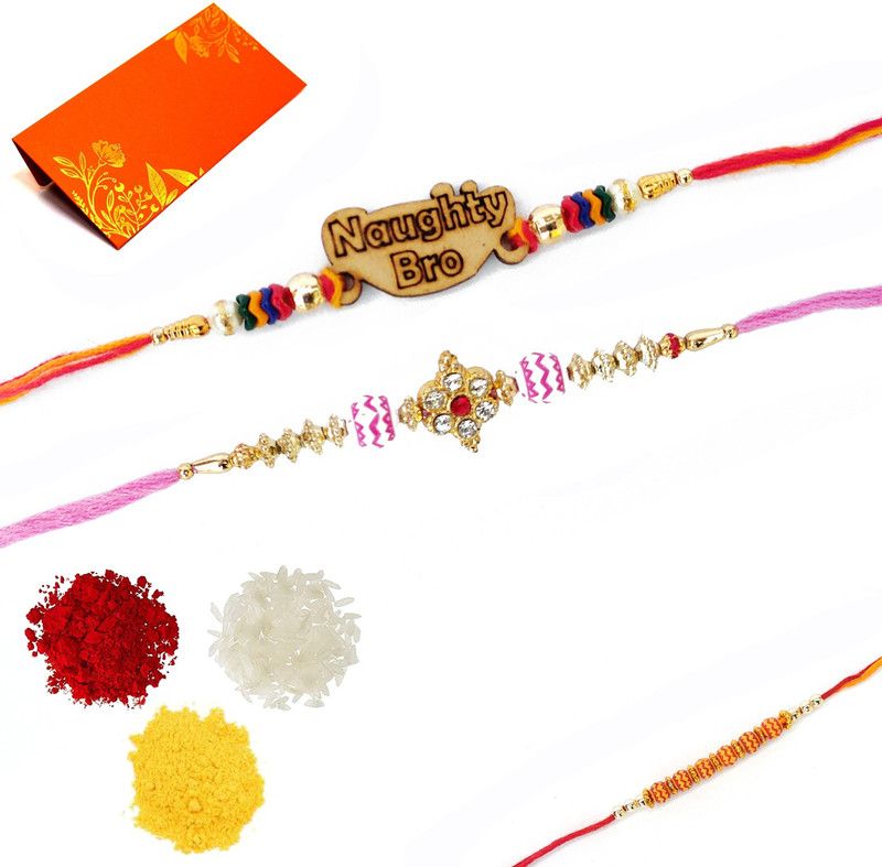 Rakhi, Chawal Roli Pack Set  (3 Rakhi, Greeting Card Roli Chawal Chandan)