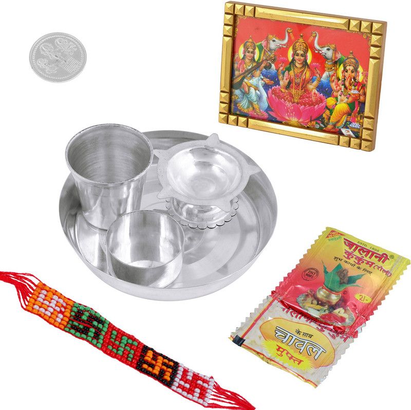 MissMister MissMister Silver plated Alloy, 7 Pcs Puja Thali Set Home decor Puja Article  Silver Plated  (Silver)