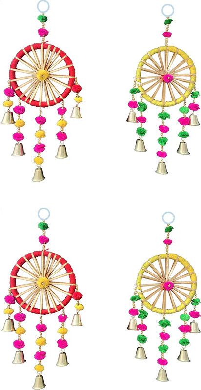 3A Featuretail Handcrafted Decorative Wheel with Pom Pom & Bells Hanging for Home Decoration Toran