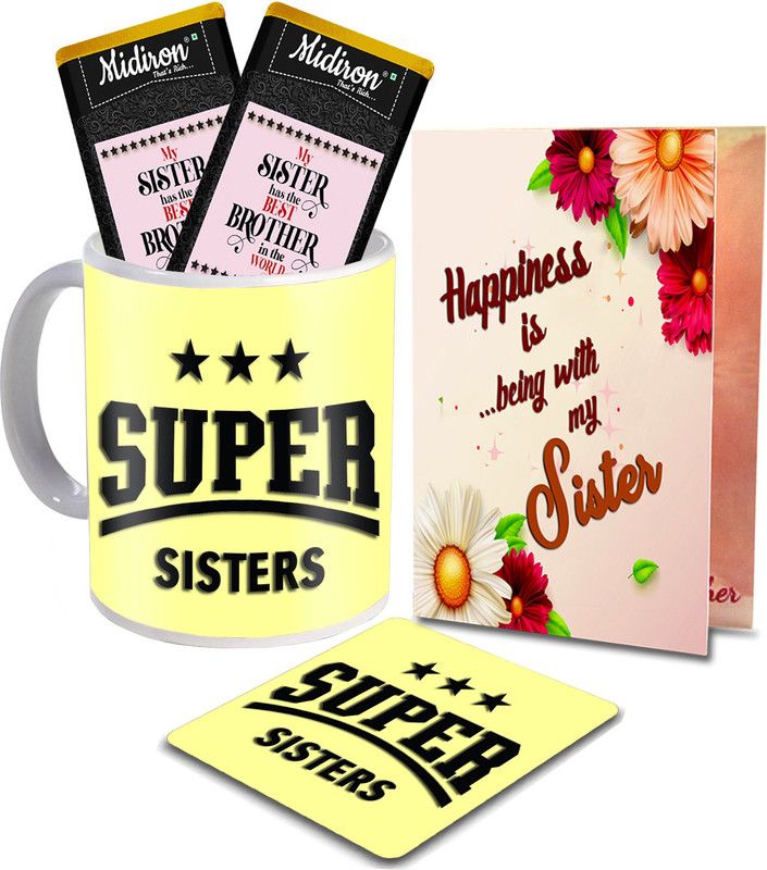 Midiron Gift For Sister | Chocolate Bar | Mug| Coaster | Greeting Card on her Birthday, Rakhi, Anniversary IZ20STSister-58 Ceramic Gift Box  (Multicolor)