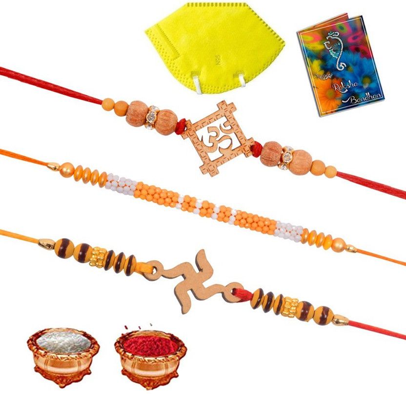 Rakhi, Mask, Greeting Card, Chawal Roli Pack Set  (3 Rakhi, 1 Mask, 1 Greeting card, 1 Roli chawal)