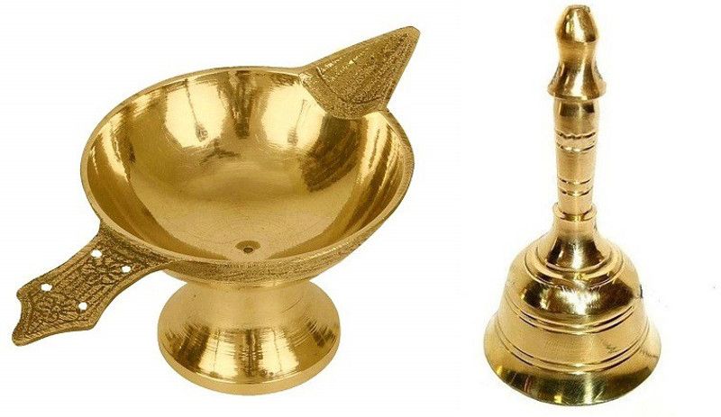De-Ultimate 1 Pcs Round Head Pooja Puja Bell Ghanti, 1 Pcs Akhand Laxmi Deepak Pital Diya Brass  (Multicolor)