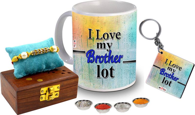 Key Ring, Rakhi, Mug Set  (1 Roli Set, 1 Rakhi, 1 printed ceramic mug, 1 MDF Keychain)