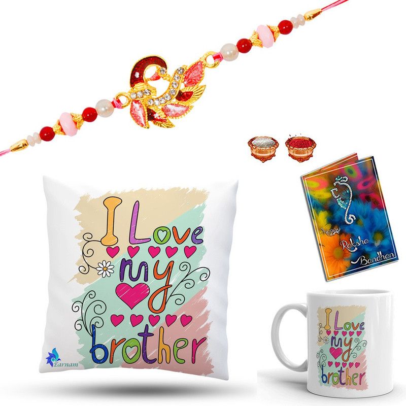 Cushion, Chawal Roli Pack, Rakhi, Greeting Card, Mug Set  (Rakhi, Mug, Cushion Cover, Cushion Filler,Roli Chawal Packet,Greeting Card)