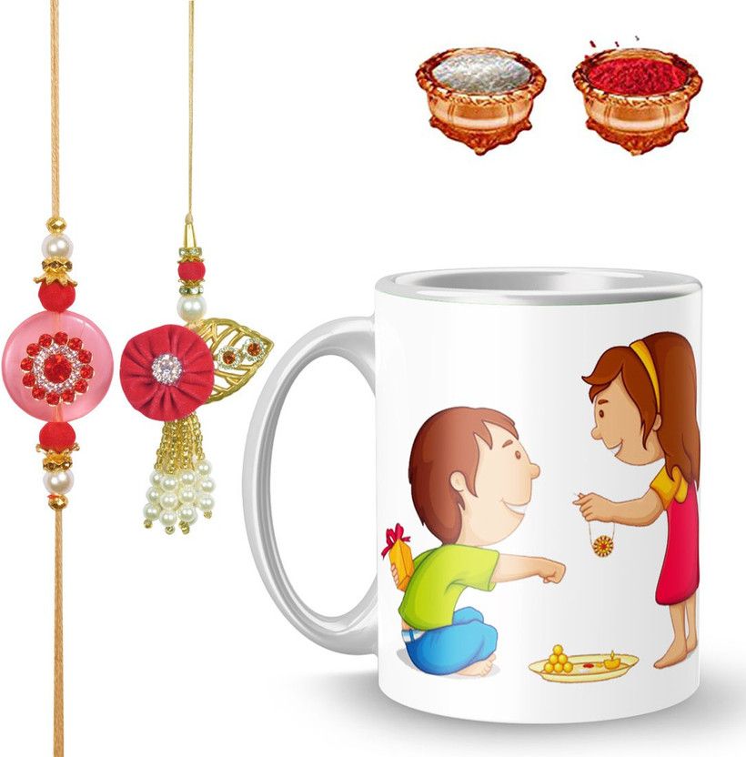 Mug, Rakhi, Chawal Roli Pack Set  (rakhi 1, roli chawal -1, Mug-1, 1 lumba)