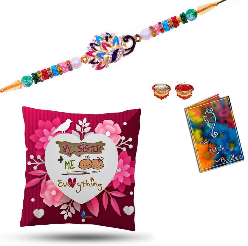 Rakhi, Chawal Roli Pack, Cushion, Greeting Card Set  (1Rakhi ,1Cushion ,1 Small Greeting Card ,Rolichawal)