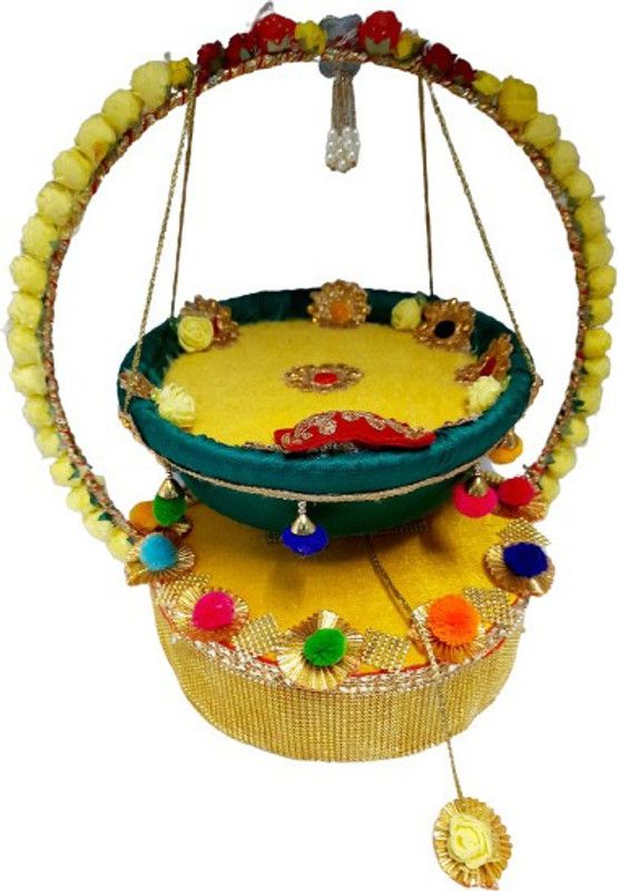 SHYAM Size 0 to 2 Laddu Gopal Jhula With Metal Ring Decorate With Yellow Flowers Handmade Premium Quality Jhula