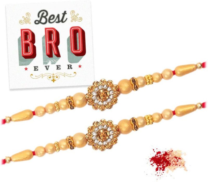 Rakhi, Greeting Card, Chawal Roli Pack Set  (2 pieces of Rakhi, Chawal Roli Pack, Greeting Card)