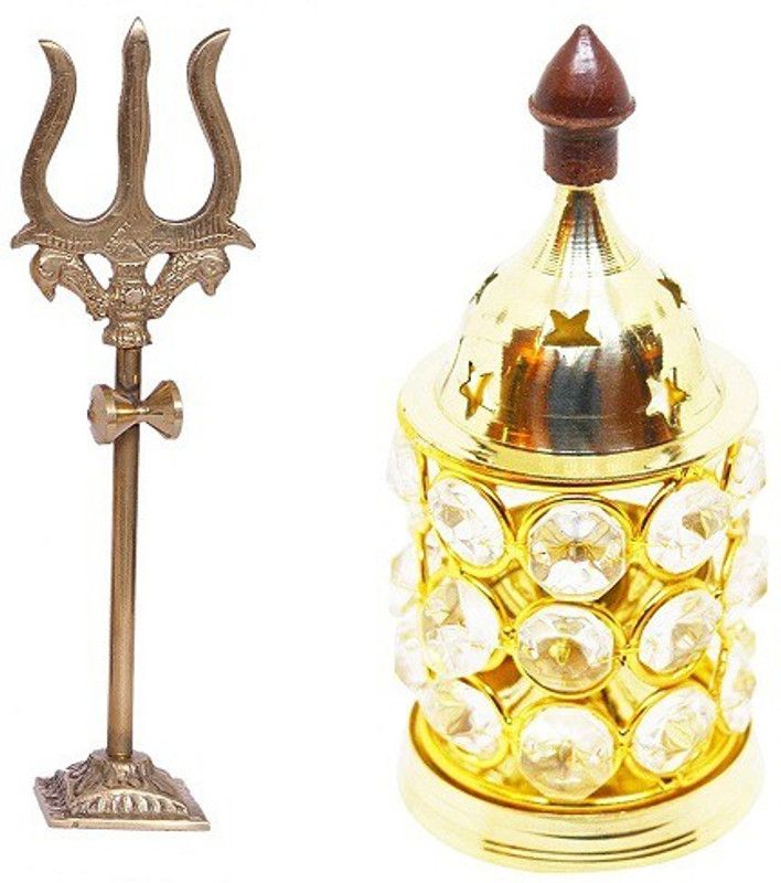 De-Ultimate 1 pcs Crystal Akhand Diya Decorative Brass Oil Lamp Tea Light Holder, 1 Pcs Trishul,trident Damru with Stand Statue Brass  (Multicolor)
