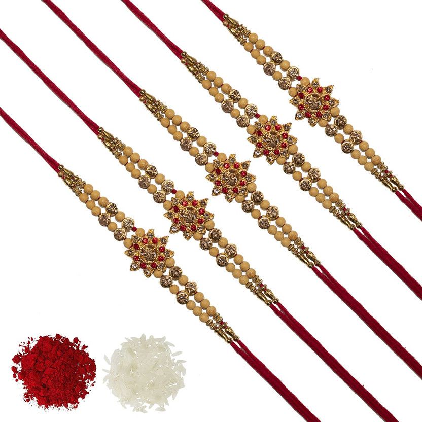 Rakhi, Chawal Roli Pack Set  (5 Rakhi :: 1 Chawal Roli Pack)