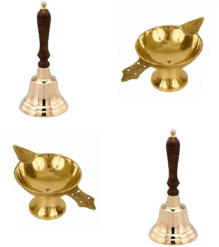 De-Ultimate Combo Of 2 Pcs Laxmi Pital ( No 1 Small Size) Diya Oil / Ghee Lamp With 2 Pcs Round Head Wooden Grip ( 2 No Regular Size )Puja Bell For Puja Purpose Brass  (Gold)