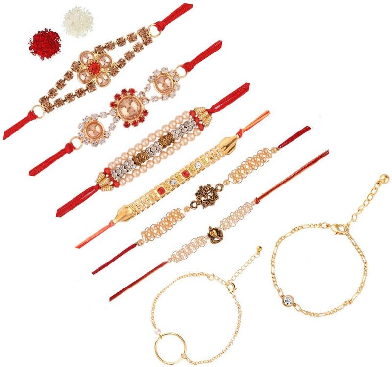 Rakhi, Bracelet, Chawal Roli Pack Set  (6 Rakhis, 2 Bracelet, 1 pack of Roli, 1 pack of chawal)