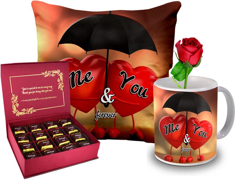 Midiron Valentine’s Day Special Gift Hamper (Mug, Cushion, Rose,Chocolate) Ceramic, Microfibre Gift Box  (Multicolor)
