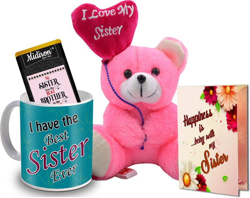 Midiron Chocolate Bar | Coffee Mug | Greeting Card | Teddy Gift pack for Sister on Rakshabandhan IZ20STSister-13 Ceramic, Microfibre Gift Box  (Multicolor)