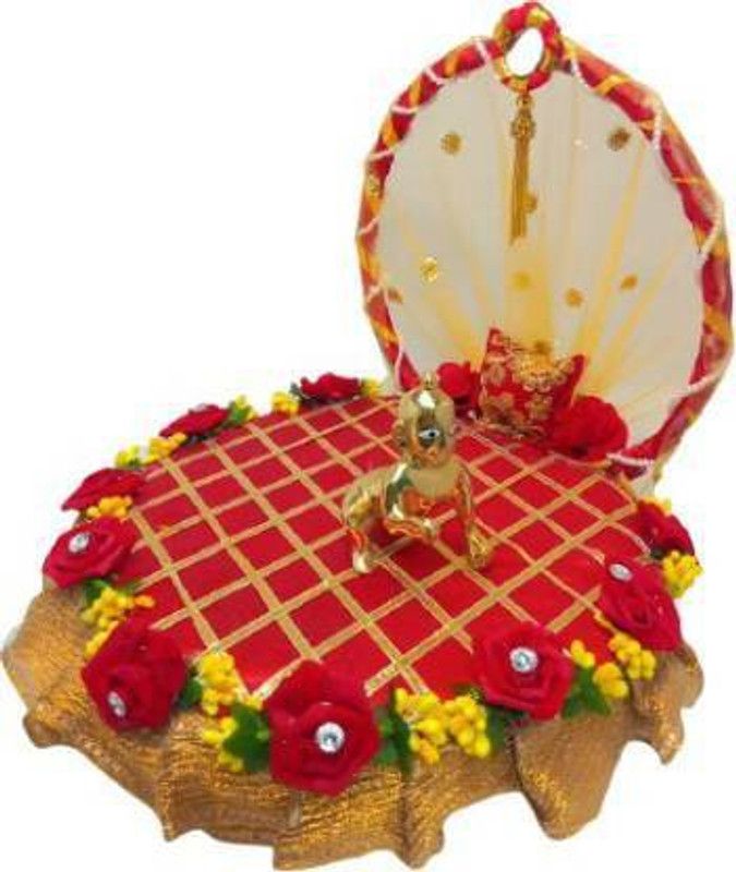 SHYAM Laddu Gopal WOODEN Singhasan Cum Chowki Decorate With Gota Patti Fabric Size (4 to 6) Handmade Premium Quality Jhula