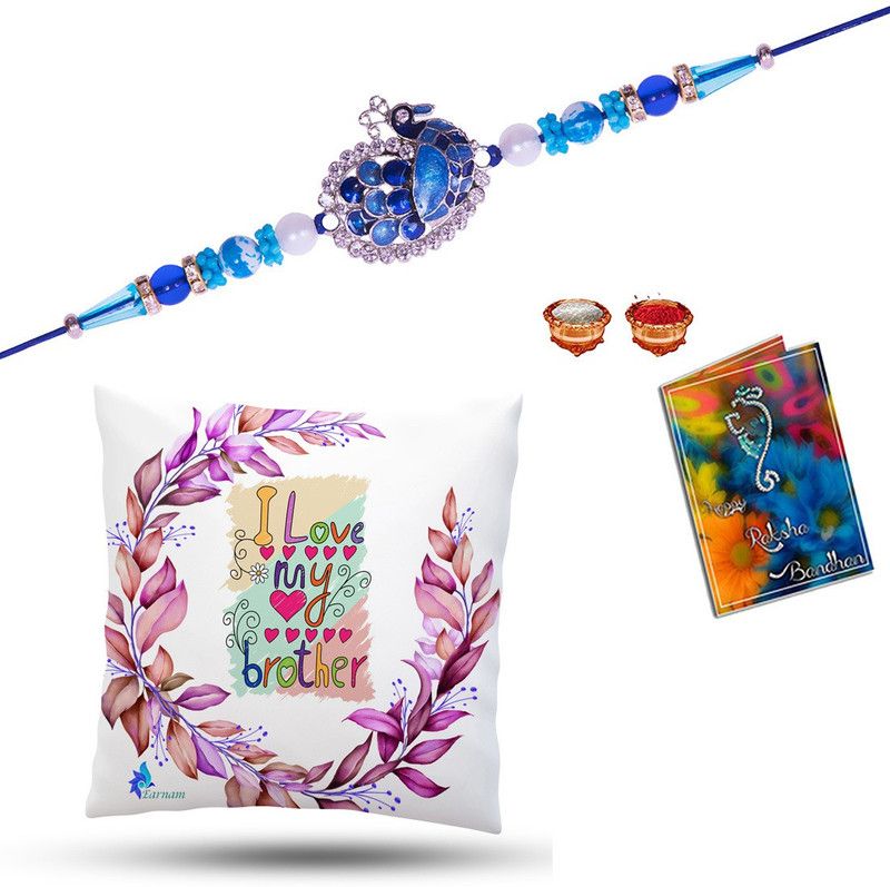 Elegaci Gifts Rakhi, Cushion  (1Rakhi ,1Cushion ,1 Small Greeting Card With RoliChawal)