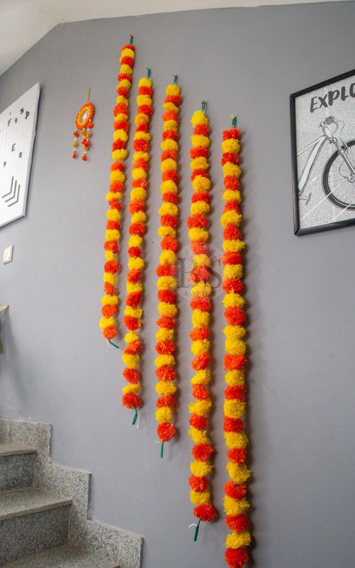 BS AMOR Artificial Marigold Flower Garland Fluffy Flowers Door Toran Set Hangings Garland  (Yellow, Orange)