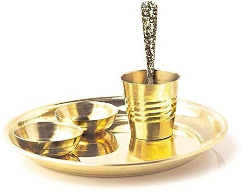 SANJAY SUGANDHALAYA Bhog Thali Set Pooja Thali for Home Mandir and Office with Diya Small Katori Brass  (Gold)