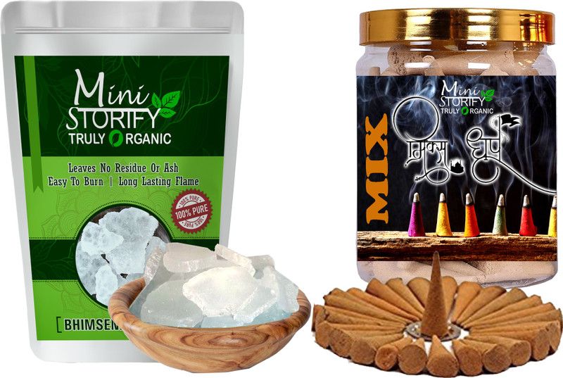 Mini Storify Truly Organic Bhimseni camphor 100gm,Mix dhoop Cone 70pcs (Pack of 2) Dhoop  (Pack of 2)