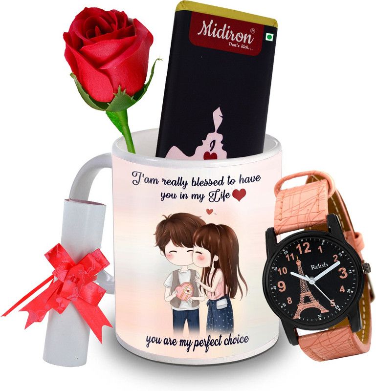 Midiron Love You Chocolate Bar with Artificial Rose, and Beautiful Watch, Love Letter, Coffee Mug, Gift for Valentine Day, Birthday, and Anniversary for Wife, Girlfriend, Fiance IZ20DTLoveBar7RoseLCWatF1MU-200 Ceramic Gift Box  (Multicolor)