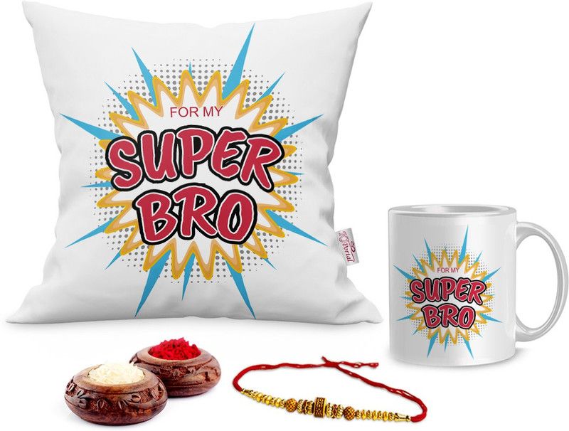Rakhi, Chawal Roli Pack, Mug, Cushion Cover Set  (1 Cushion Cover With Filler, 1 Chawal Roli Pack, 1 Rakhi, 1 Mug)