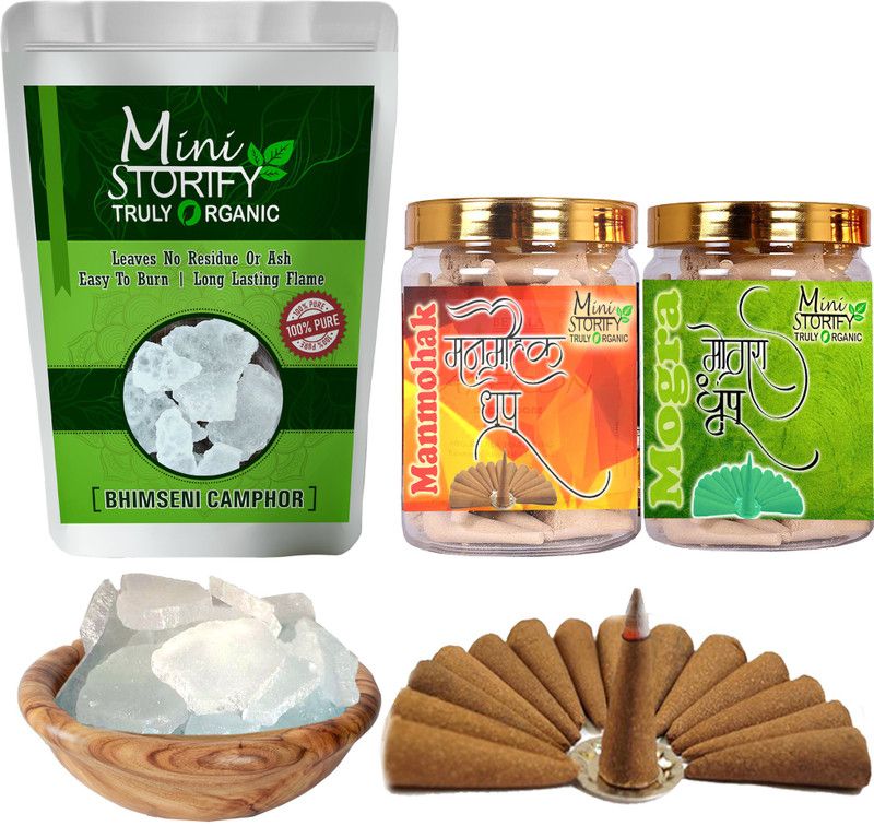 Mini Storify Truly Organic Bhimseni camphor 100gm,Mogra dhoop Cone 70pc,Manmohak dhoop Cone 70pc (Pack-3) Dhoop  (Pack of 3)