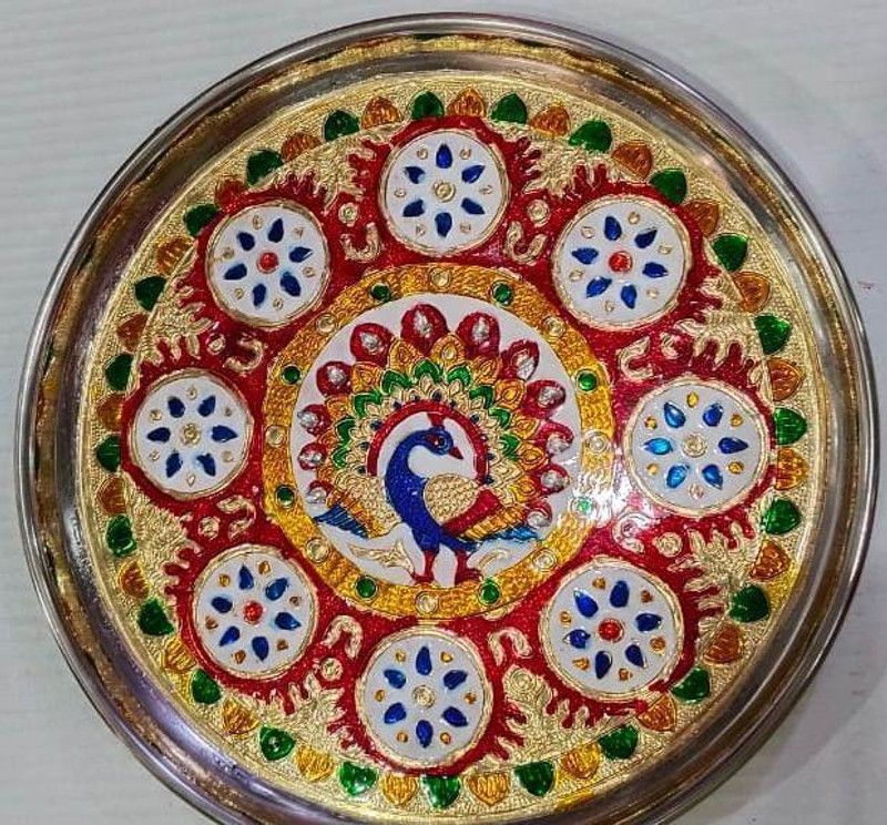 Choice One Decorative Meenakari Pooja Thali With Om, Swastik, Peacock Steel (1 Pieces) Stainless Steel  (Multicolor)