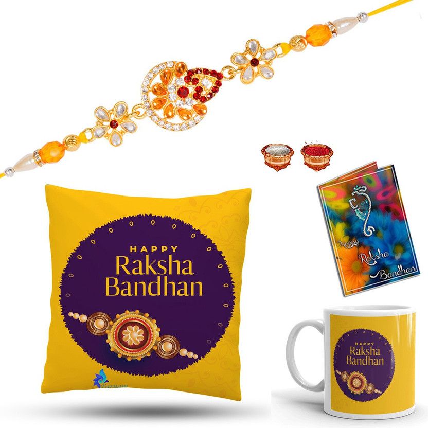 Cushion, Mug, Rakhi, Chawal Roli Pack, Greeting Card Set  (1 Rakhi, 1 Cushion
Cover with Cushion Filler, 1 Coffee Mug, 1 Roli Chawal Packet, 1 Greeting Card)