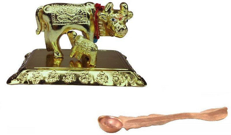 Adhvik Combo Of Copper Punch Patra Spoon With Kamdhenu ( No 2 ) Brass Cow with Calf For Puja Purpose Brass  (Gold)
