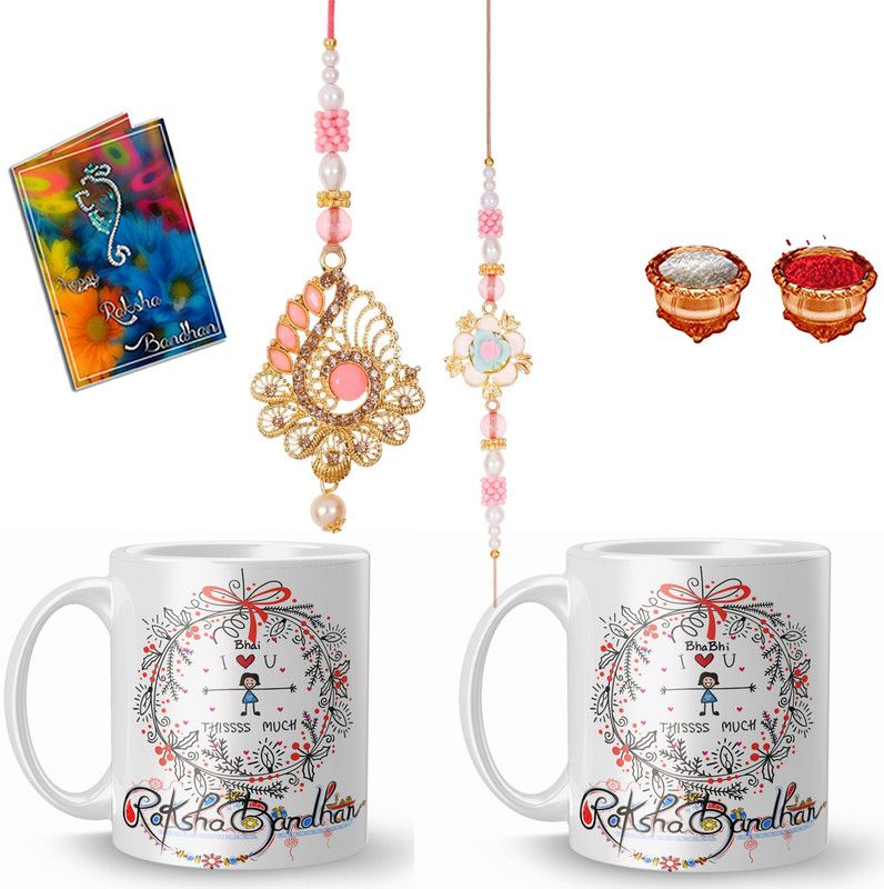 Lumba, Chawal Roli Pack, Rakhi, Greeting Card, Mug Set  (1 rakhi, 1lumba ralhi, 2 mug, 1 chawal and roli set,1 greeting card)