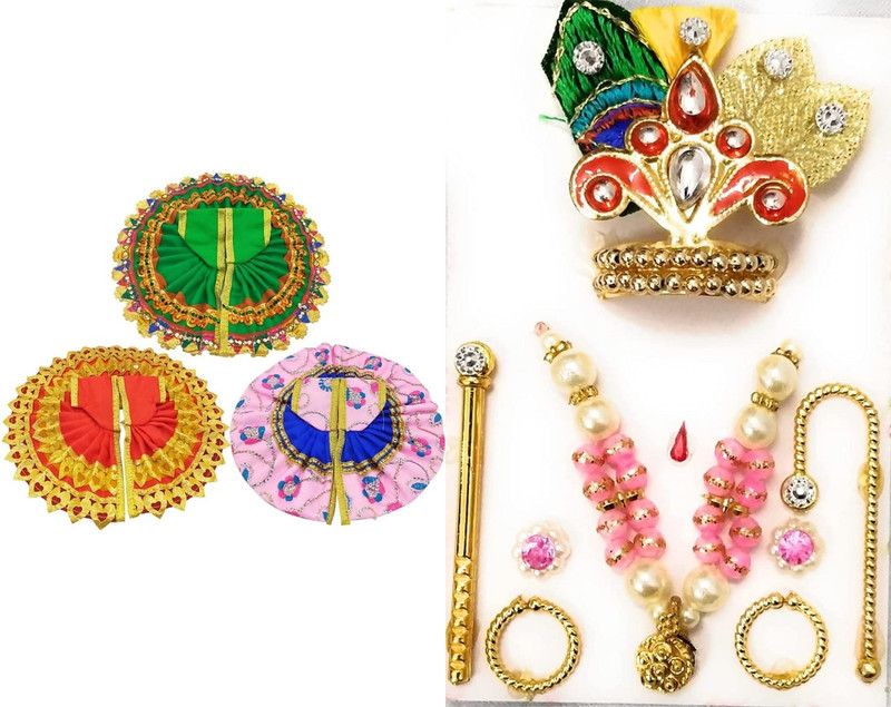 SHYAM Laddu Gopal Combo of Three Dresses With Complete Shringaar/Jewellery Set Size 6 Dress  (Cotton)