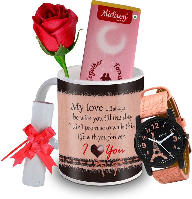Midiron Together Forever Chocolate Bar with Artificial Rose, and Beautiful Watch, Love Letter, Coffee Mug, Gift for Valentine Day, Birthday, and Anniversary for Wife, Girlfriend, Fiance IZ20DTLoveBar8RoseLCWatF1MU-181 Ceramic Gift Box  (Multicolor)