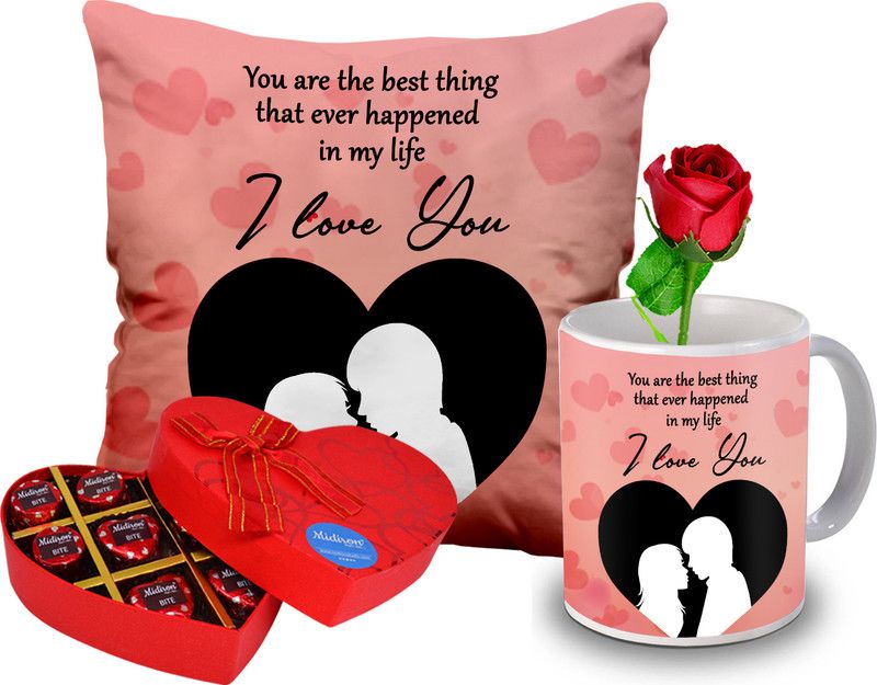 Midiron Valentines Day Special Gift Combo For Girls (Mug, Chocolate, Cushion, Rose) Ceramic, Microfibre Gift Box  (Multicolor)