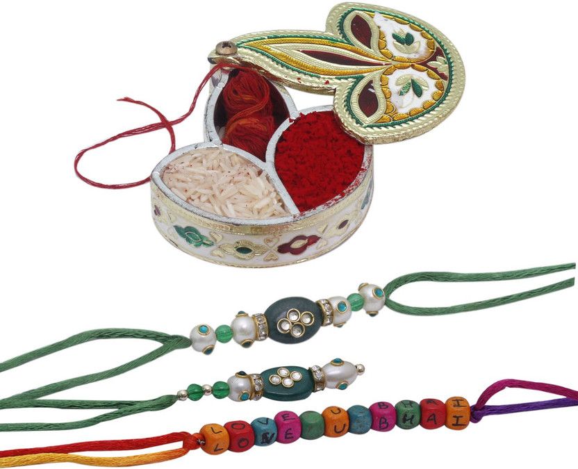 Lumba, Chawal Roli Pack, Rakhi Set  (2 Rakhi, 1 Lumba, 1 Chawal Roli Pack)