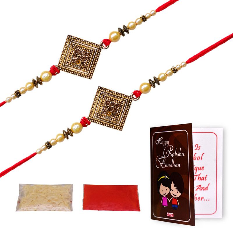 Rakhi, Greeting Card Set  (2 pcs Pandle Rakhi, Small Greeting Card, Roli, Chawal)
