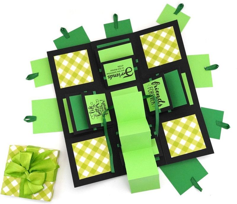 Crack of Dawn Crafts Happy Friendship Explosive Box - Green Checks Greeting Card  (Green,White,Black, Pack of 1)