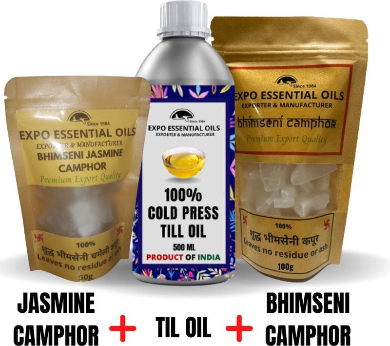 Expo Organics Navratri Special Shudh Bhimseni Camphor|Jasmine Camphor|Sesame Oil - Pack of 3