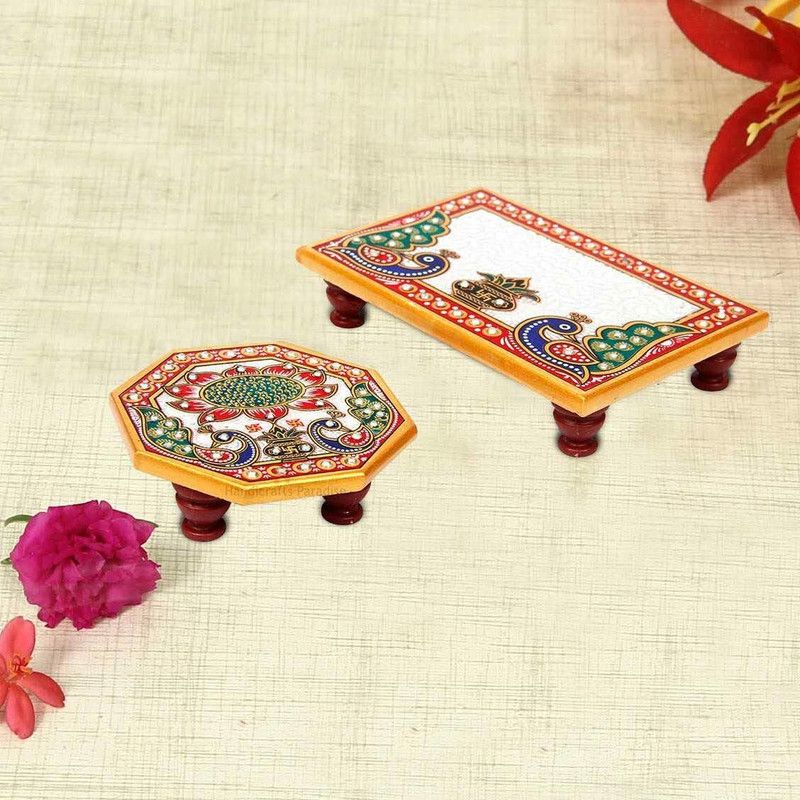 Pink Sky Marble Chowki with Intricate Painting for Mandir 6x4 Inch and 4x4 Inch, 3 Pcs… Marble Pooja Chowki  (Maroon, Pack of 2)