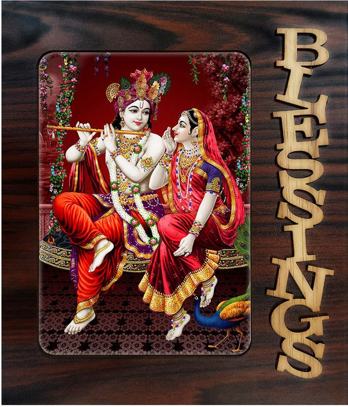 Poster N Frames Decorative Blessings Hand Crafted Wooden table with photo of Radha Krishna 20076 Religious Frame