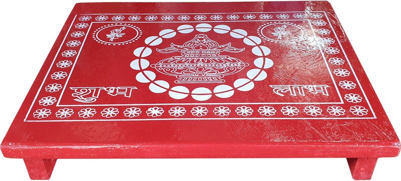 Maskey Red Painted Multi Use Shubh Laabh Hand Crafted ( 15" x 18" ) Premium Quality Wooden Pooja Patla / Path / Wooden All Purpose Chowki  (Red, Pack of 1)
