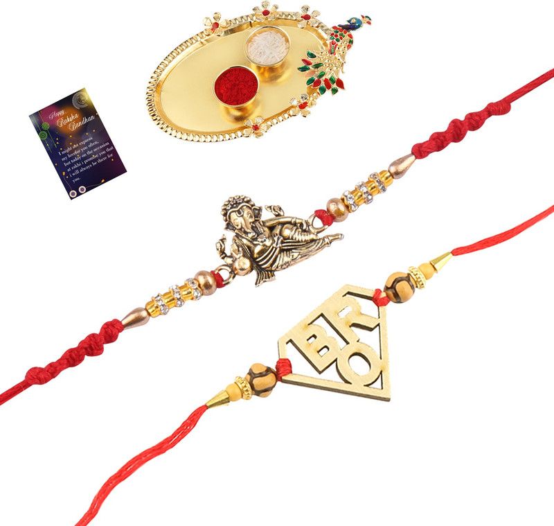 Rakhi Set  (2 Rakhi With Roli Chawal,1 Kankawati Pooja Thali And 2 Raksha Bandhan Greeting Card)