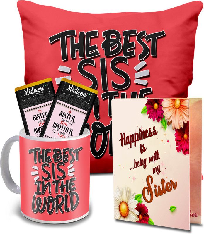 Midiron Gift for Sister | Chocolate Bar | Printed Cushion (16*16 inch)| Coffee Mug| Greeting Card for her Birthday, Anniversary, Rakhi Return Gifts IZ20DTSister-73 Ceramic Gift Box  (Multicolor)
