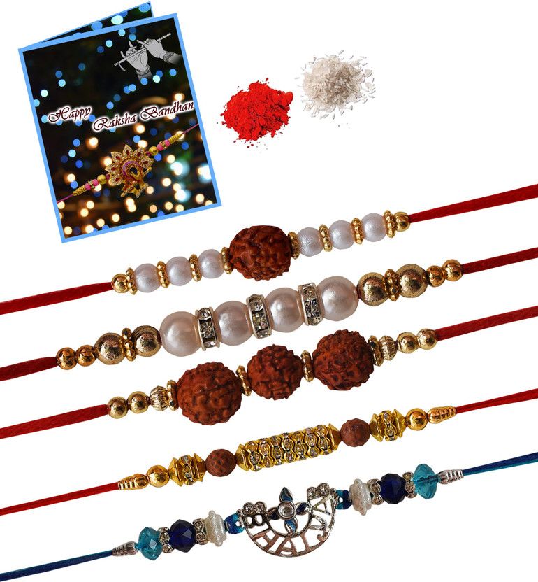 BG-BH-BI-BJ-SP Rakhi, Greeting Card, Chawal Roli Pack Set  (5 Rakhi , 1 Greeting Chawal , 1 Roli Chawal)