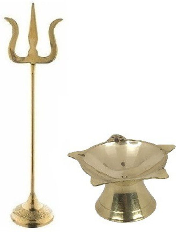Utkarsh Combo of Trishul ( 2 No ) Statue With Round Stand With Square Stand And (1 No) Small Size Punch Mukhi Diya Brass  (Gold)