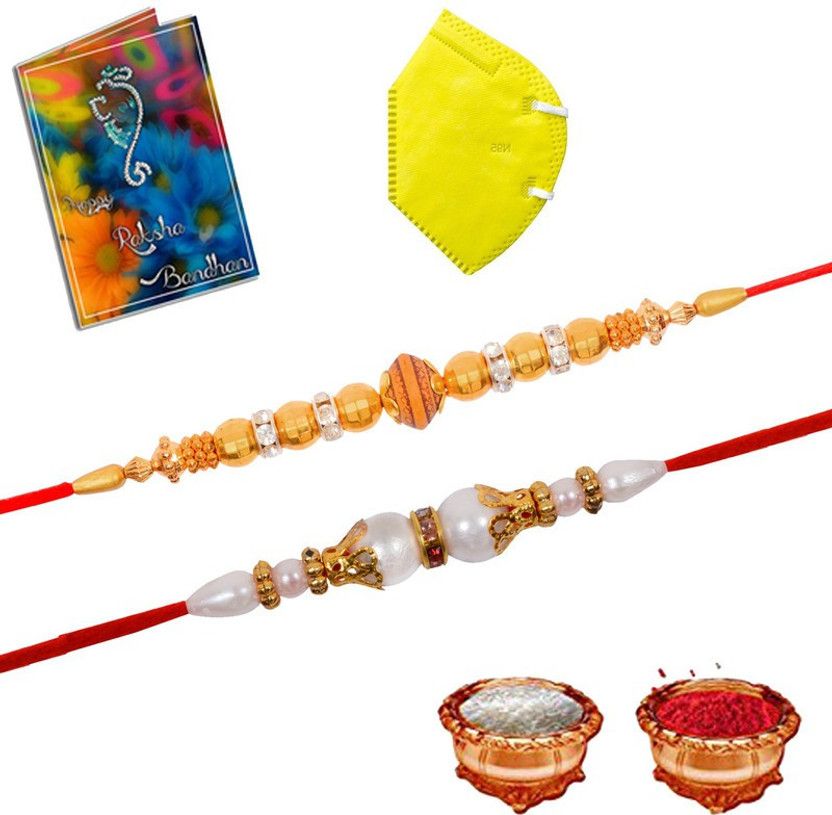 Mask, Chawal Roli Pack, Rakhi, Greeting Card Set  (2 Rakhi 1 Mask Roli Chawal Greeting Card)