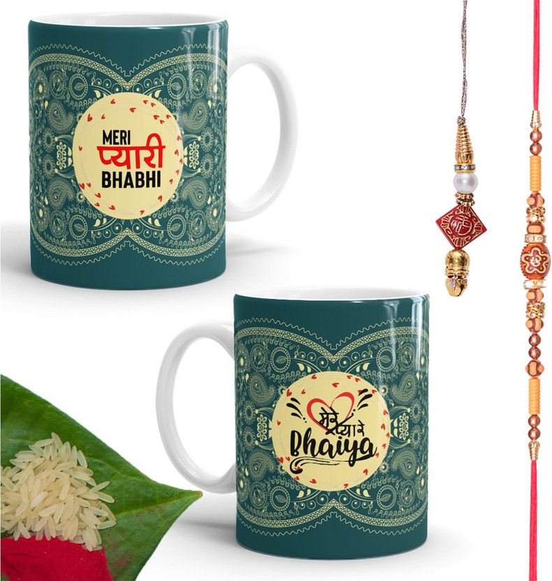 Rakhi, Lumba, Chawal Roli Pack, Mug Set  (1 Rakhi, 1 Lumba, 1 Roli Chawal Pack, 2 Mugs)