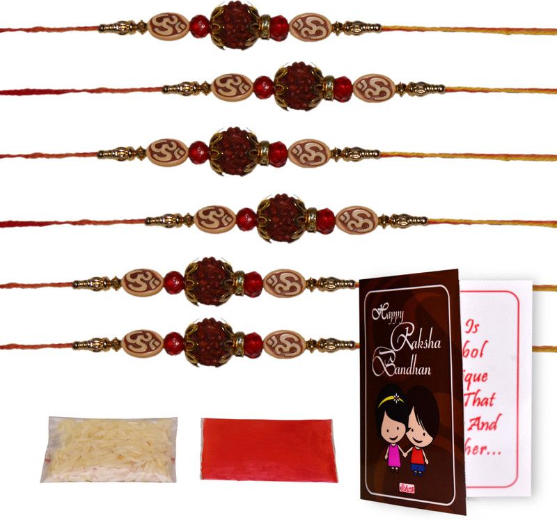 Rakhi, Greeting Card Set  (6 pcs Stylish Fancy Rakhi, Small Greeting Card, Roli, Chawal)