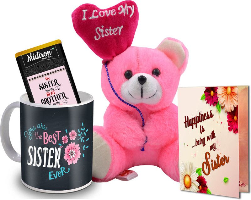 Midiron Gift for Sister | Chocolate Bar | Mug| Teddy | Greeting Card on her Birthday, Rakhi, Anniversary IZ20DTSister-76 Ceramic, Microfibre Gift Box  (Multicolor)